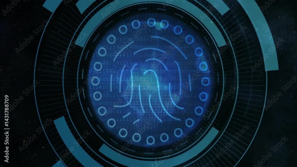 Poster central fingerprint graphic rotating on flat design hud, showing scrolling binary digits and rings