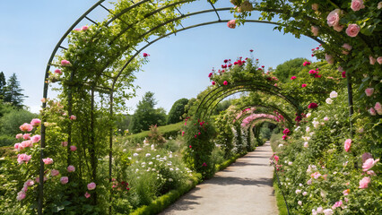 Naklejka premium Lush vibrant garden filled with blooming roses