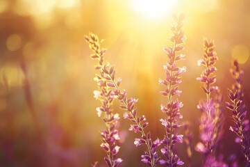Obraz premium Golden light embracing delicate purple flowers in a field.