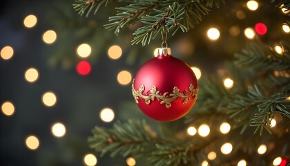 Obraz premium Close-up of Christmas Tree Ornaments and Lights