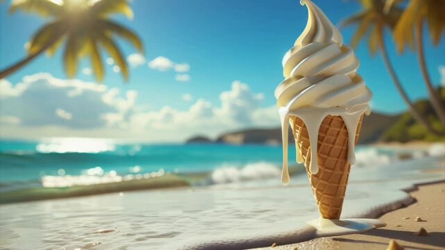 Ice cream cone melting in the sun on a tropical beach scene. Waves gently reach the shore under palm trees. Perfect summer vibe and vacation mood captured in this image.