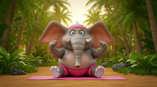 Cartoon elephant sitting peacefully in jungle clearing with trees and sunlight