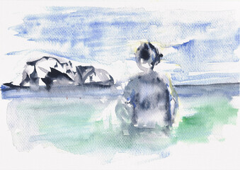 A solitary man contemplates the vast sea beneath a silent sky in this ethereal watercolor, hand-made watercolor