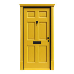 Bright Yellow Single Panelled Door with Black Handle and Knockers Captured in a Clean Studio Environment