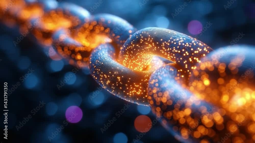 Poster Blockchain Link: A close-up shot reveals an illuminated chain link, symbolizing the digital interconnectedness and data security of blockchain technology.