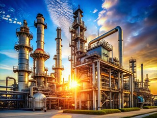 Morning Sunlight on Industrial Refinery Unit - Blue Sky Background