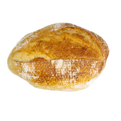 Golden crusty ciabatta bread loaf isolated on white background. Freshly baked Italian-style bread