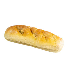 Soft garlic baguette loaf isolated on white background. Freshly baked garlic bread with golden crust and cuts.