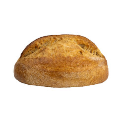 Whole grain artisan bread loaf isolated on white background. Healthy rustic bakery bread with textured crust.