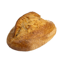 Whole grain artisan bread loaf isolated on white background. Healthy rustic bakery bread with textured crust.