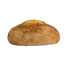 Whole grain artisan bread loaf isolated on white background. Healthy rustic bakery bread with textured crust.