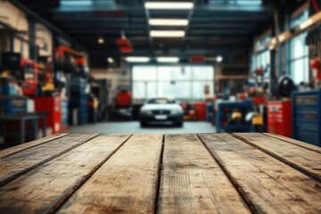 Blurred auto workshop with wooden table foreground