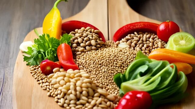 A detailed arrangement of vegetables, nuts, and seeds meticulously placed in the shape of a heart. 