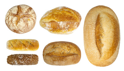 Set of assorted bread loaves and buns isolated on white background. Artisan bakery bread collection...