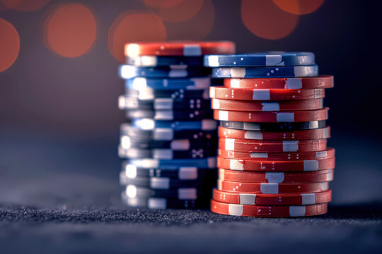 Stack of poker chips with red and blue chips