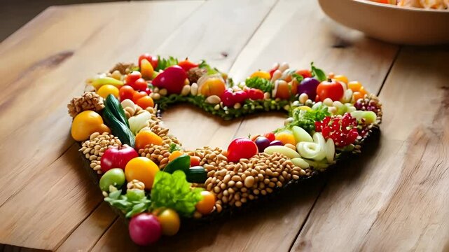 A detailed arrangement of vegetables, nuts, and seeds meticulously placed in the shape of a heart. 