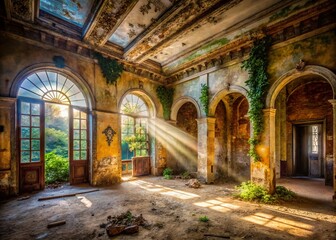 Fototapeta premium Mysterious Abandoned Spanish Palace Interior: Urban Exploration Photography