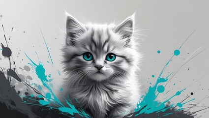 Fantasy Style Cat Portrait Fluffy Kitten with Blue Eyes and Splatter Effect, High-Detail Digital Animal Illustration, Modern Pet Art for Posters and Prints
