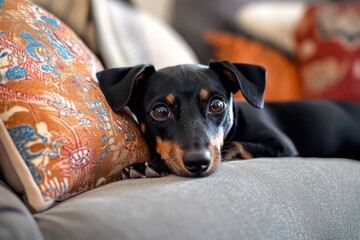 Bored dog ripping sofa cushions in living room