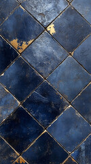 Dark blue 3D vintage lozenge motif tiles form a worn, marbled cement wall. The repeating diamond pattern evokes resilience, timeless elegance, and old-world craftsmanship.


