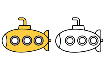 Cartoon Submarine Yellow and Outline, with Rounded Features on a White Background