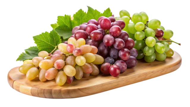 Delicious and colorful bunch of grapes displayed on a wooden board