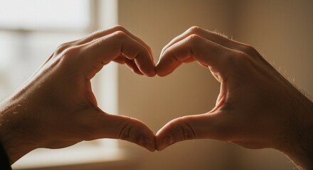 Obraz premium Two hands come together to create the shape of a heart in front of window.