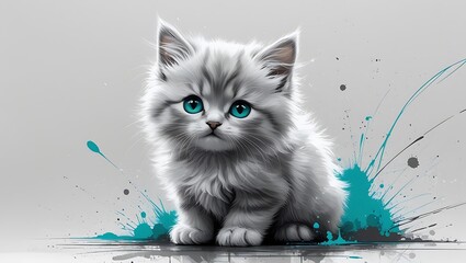 Hyperrealistic Cute Kitten Art Fluffy Gray Cat with Blue Eyes in Color Splash Background, High Detail Digital Pet Illustration for Creative and Artistic Use