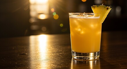 Refreshing tropical drink with pineapple garnish sits on a bar top.