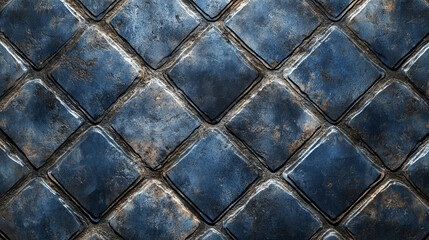 Fototapeta premium Dark blue 3D vintage lozenge motif tiles form a worn, marbled cement wall. The repeating diamond pattern evokes resilience, timeless elegance, and old-world craftsmanship.