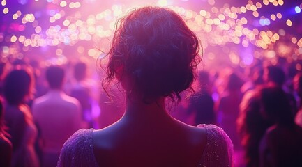 Naklejka premium Elegant Woman Enjoys Party with Bokeh Lights, Facing Crowded Dance Floor