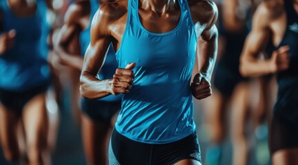 Intense sprint of muscular athletes competing in a track event with determination and focus, running fast in a race.