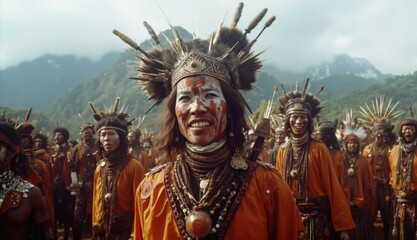 Obraz premium Smiling tribal person in a feathered headdress and face paint stands among others during a cultural celebration in a scenic mountainous landscape