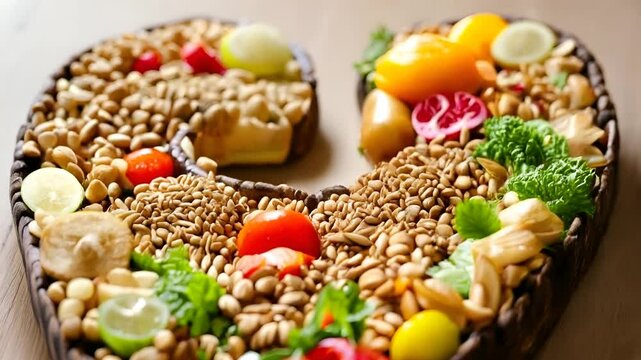 A detailed arrangement of vegetables, nuts, and seeds meticulously placed in the shape of a heart. 