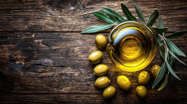 Fresh olives and olive oil on rustic wood