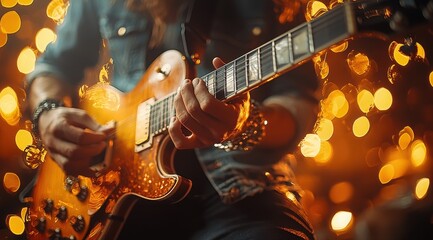 Obraz premium Musician passionately playing electric guitar on stage with vibrant golden bokeh lights