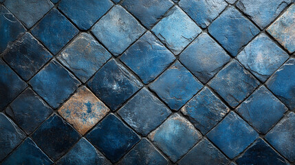 Fototapeta premium Dark blue 3D vintage lozenge motif tiles form a worn, marbled cement wall. The repeating diamond pattern evokes resilience, timeless elegance, and old-world craftsmanship.