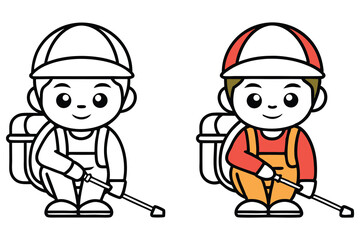 Cartoon Caucasian Worker with Backpack Holding Sprayer, Color and Line Art