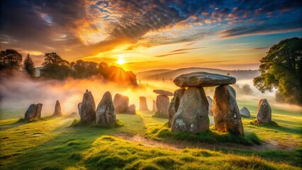 Mystical Sunrise Over Ancient Megaliths: Double Exposure Stone Monuments Stock Photo