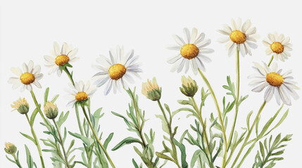 Fototapeta premium Elegant wedding invitation card background . Minimal hand painted watercolor Chamomile flowers texture template background. Design for wedding, vip cover, poster, rsvp moderncard.Valentine's Day