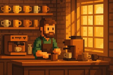 Pixel art barista preparing coffee in a cozy coffee shop with warm sunset light