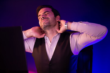 Smart businessman having aches with body in back, neck and whole body, stretching composition....