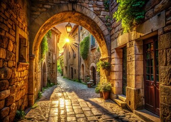 Fototapeta premium Narrow Stone Archway Street, Medieval Architecture, Old Town Entrance, Cityscape, Cobblestone Lane