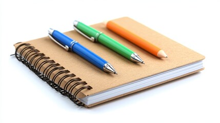 High resulation image of recycled Paper Notebooks With Eco. Friendly Pens. Isolated on a white background. Cutout PNG.