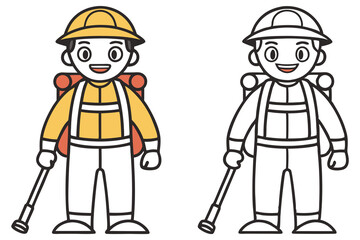 Cartoon Asian man with safety helmet and backpack holding baton in two style
