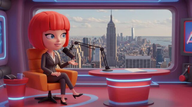 Cartoon red-haired news anchor sitting at desk in city studio with skyline view