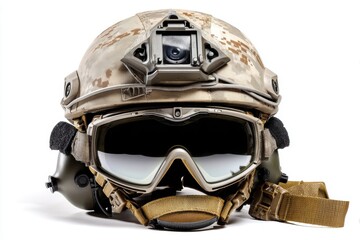 Modern tactical soldier helmet with night vision goggles and advanced gear close-up isolated on white background