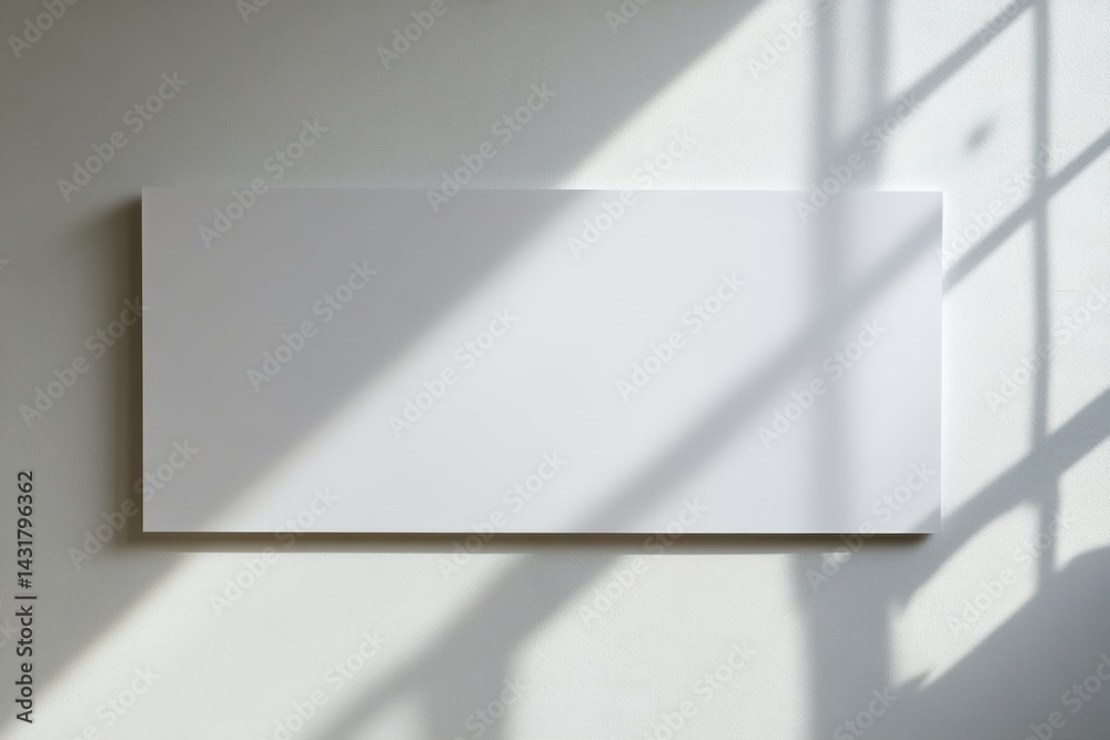 Aufkleber Minimalist white canvas hanging on a white wall with shadows from a window creating a calming and modern artistic scene.