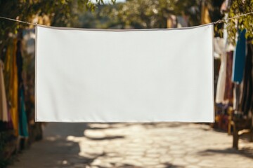 Blank Banner: A clean, rectangular, white fabric banner is suspended in an outdoor market setting, perfect for text overlay.