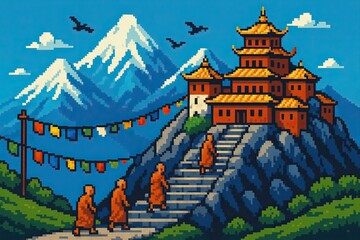 Pixel art illustration of monks walking to a monastery in the mountains with prayer flags and birds flying